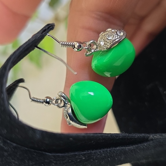 Silver and Green Apple Drop Earrings - Picture 6 of 7